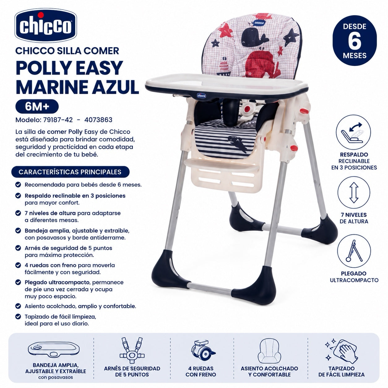Chicco Silla de Comer Polly Easy Marine Azul 6M+
Modelo: 79187-42