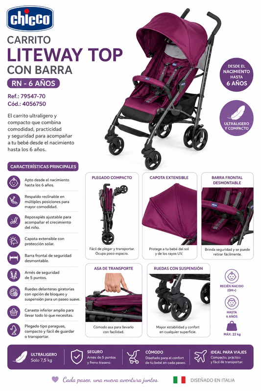 CHICCO Carrito Liteway Top Con Barra RN–6 Años
Ref.: 79547-70 | Cód.: 4056750