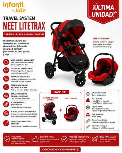 Infanti by Joie Travel System Meet Litetrax Crimson Color Rojo 
Carrito 3 ruedas + Baby Confort + Base para Auto
Modelo: T1112