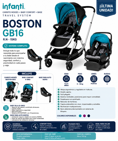 Infanti Carrito Moisés + Baby Confort + Base – Travel System Boston GB16 R.N.-15 kg - GB16