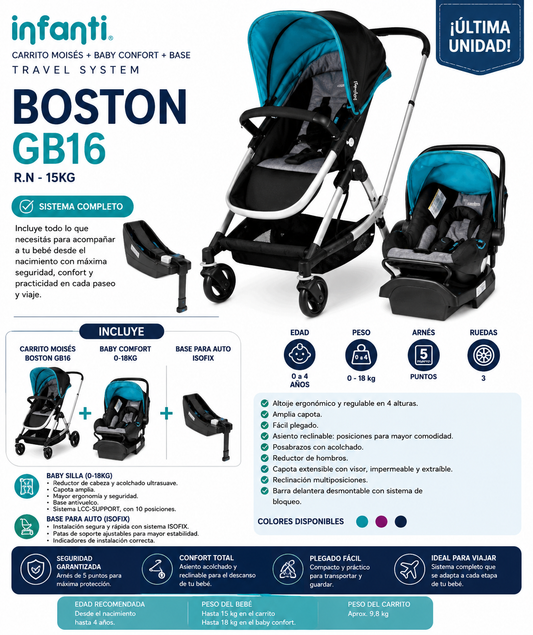 Infanti Carrito Moisés + Baby Confort + Base – Travel System Boston GB16 R.N.-15 kg - GB16