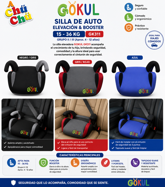 Gokul Silla De Auto Elevación & Booster 15–36 Kg Negro - Rojo - Azul GK311