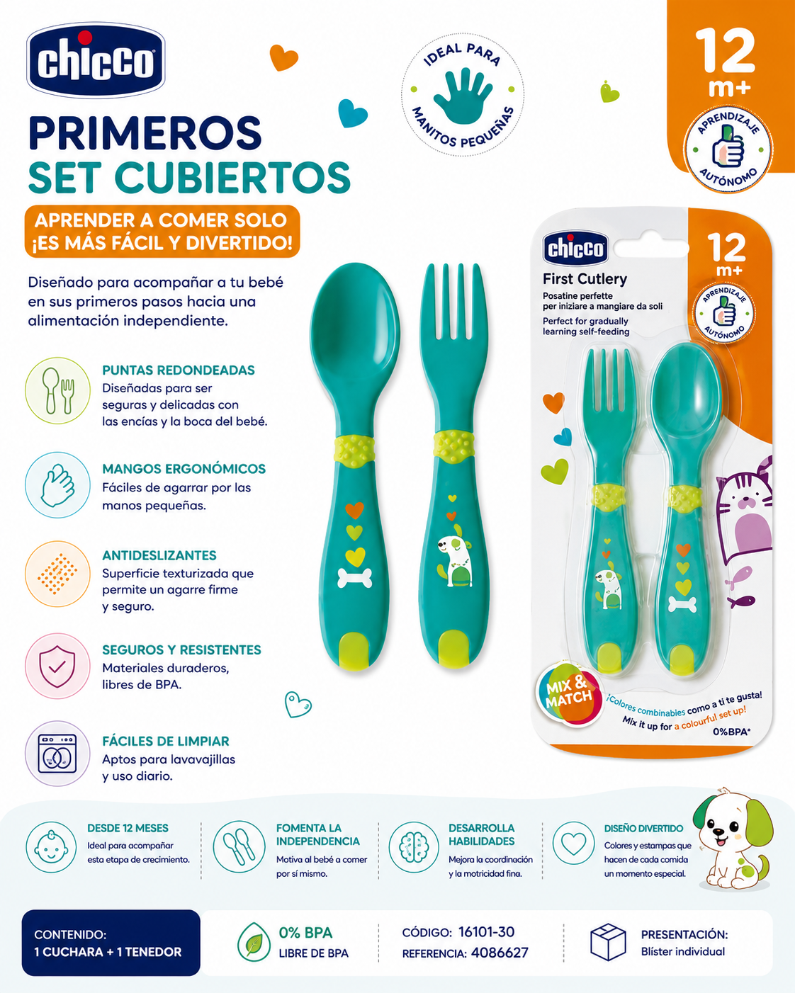 Chicco Primeros set de cubiertos verde 12M+ – 16101-30 (4086627)