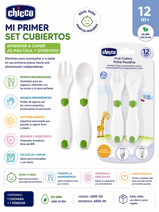 Chicco Mi primer set de cubiertos blanco con verde 12M+ 6830-00