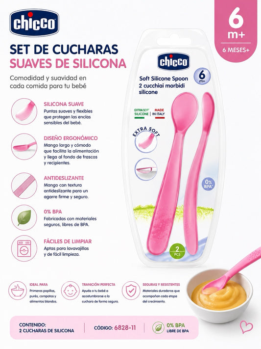 Chicco Set de cucharas suaves de silicona 6M+ Rosa 6828-11