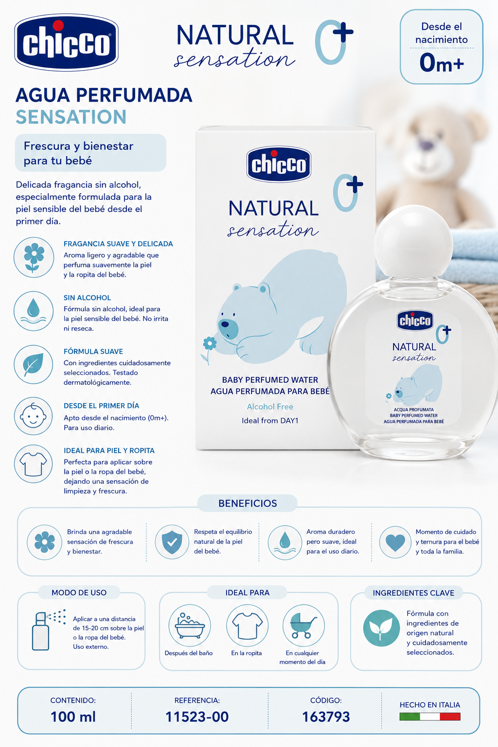Chicco Natural Sensation Agua Perfumada para Bebé 100 ml
Ref.: 11523-00 | Cód.: 163793