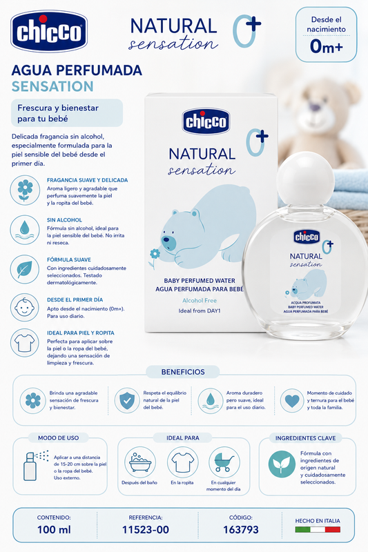 Chicco Natural Sensation Agua Perfumada para Bebé 100 ml
Ref.: 11523-00 | Cód.: 163793