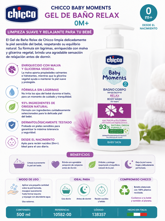 Chicco Baby Moments Gel de Baño Relax 0M+ 500 ml
Ref.: 10582-00 | Cód.: 138357
