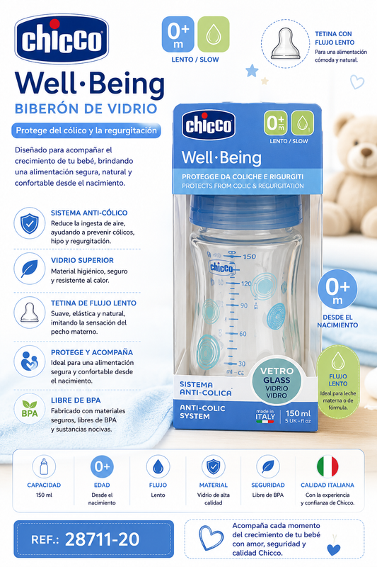 Chicco Biberón de Vidrio Well-Being Unisex 150 ml 0M+
Ref.: 28711-20 / 30