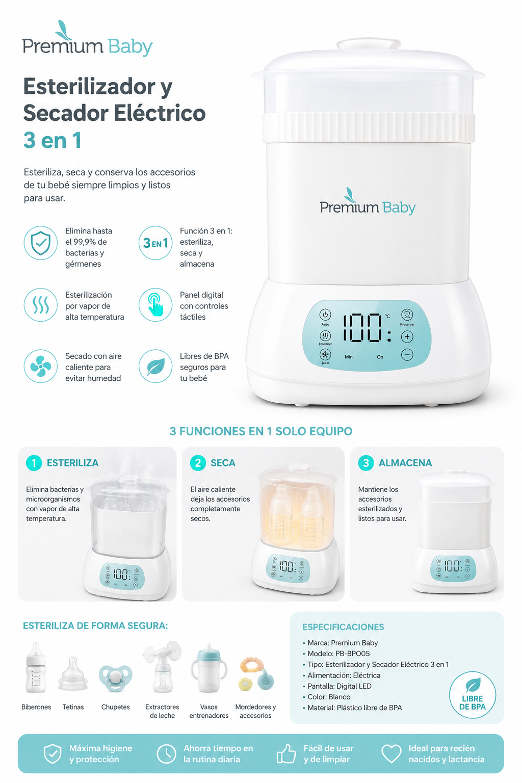 Premium Baby Esterilizador Y Secador Eléctrico 3 En 1
SKU: PB-BPO05 / PB-L201