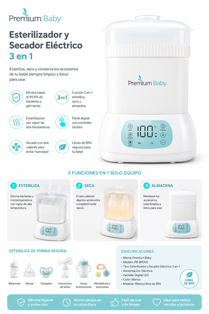 Premium Baby Esterilizador Y Secador Eléctrico 3 En 1
SKU: PB-BPO05 / PB-L201