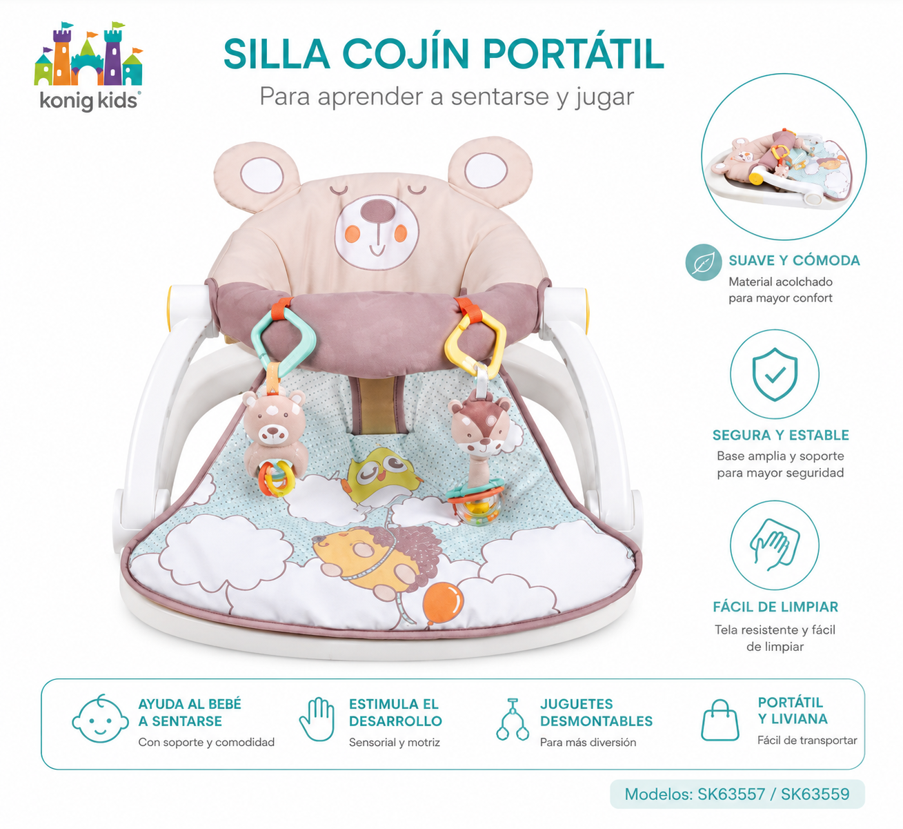 Koning Kids Silla Cojín Portátil de Piso para Aprender a Sentarse y Jugar Color crema / marrón suave 
Modelos: SK63557 / SK63559