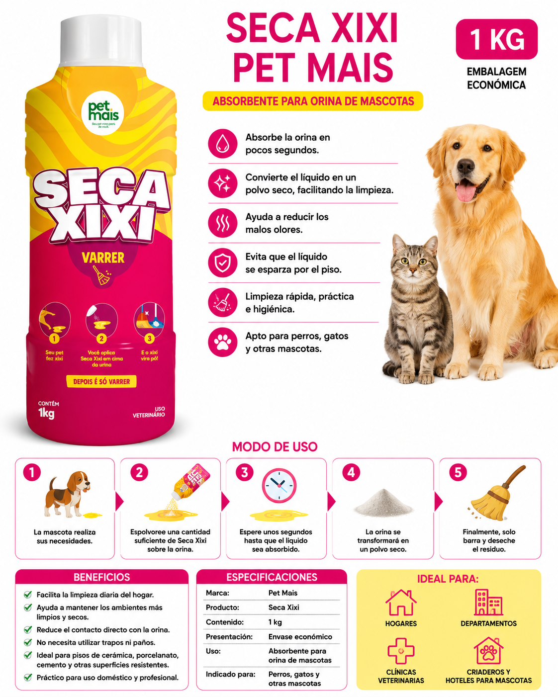 Nuevo: Pets 🐾 Seca Xixi Pet Mais – Absorbente para Orina de Mascotas 1 kg