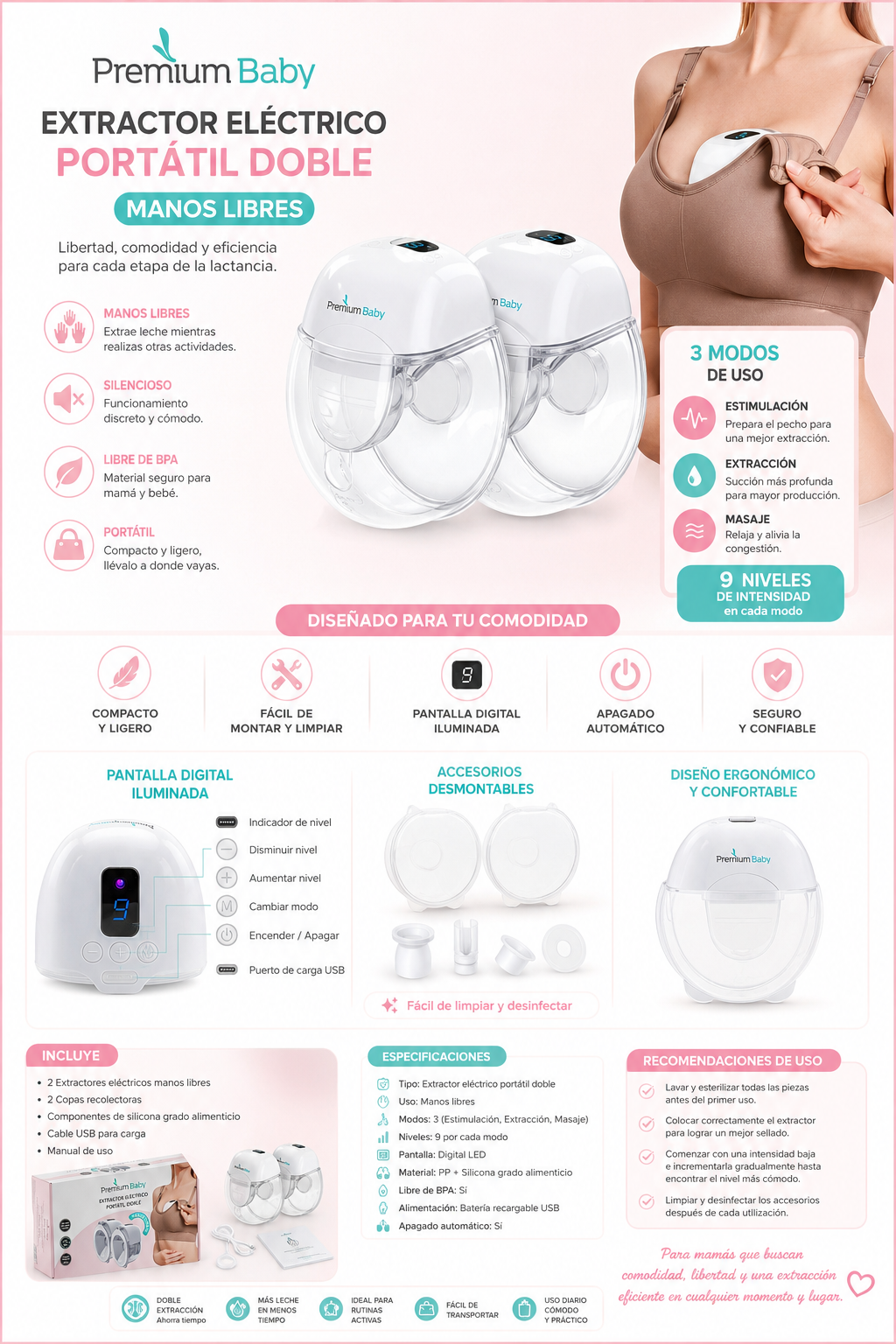 Premium Baby Extractor Eléctrico Portátil Doble Manos Libres PB-L305 - 440738