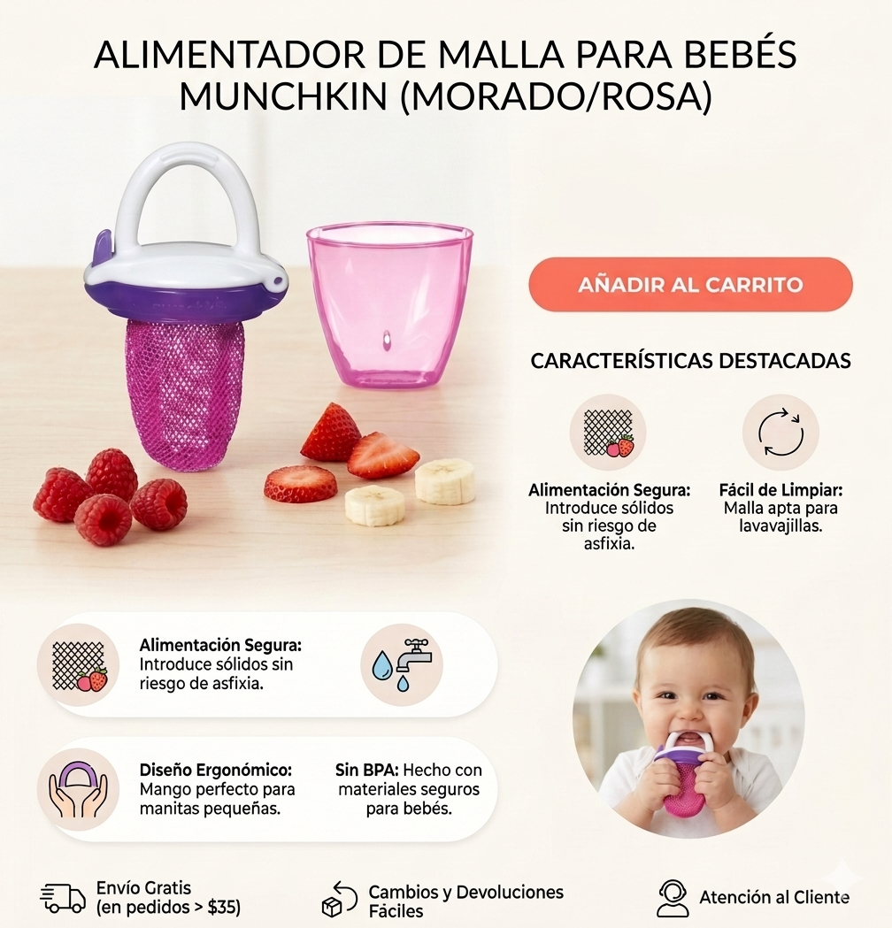 Munchkin Chupete Alimentador de Mallas C/Tapa para Fruta y Verduras Rosa 6m+ MU 24193 - 241833