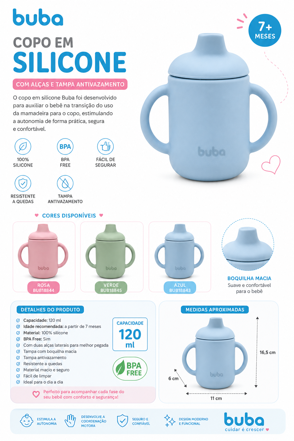 Buba Vaso de Silicona con Asas 120ml Color Azul - 7m+ 6x16,5x11cm - BUB18843