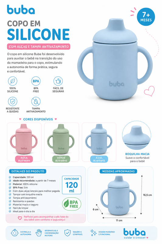Buba Vaso de Silicona con Asas 120ml Color Azul - 7m+ 6x16,5x11cm - BUB18843