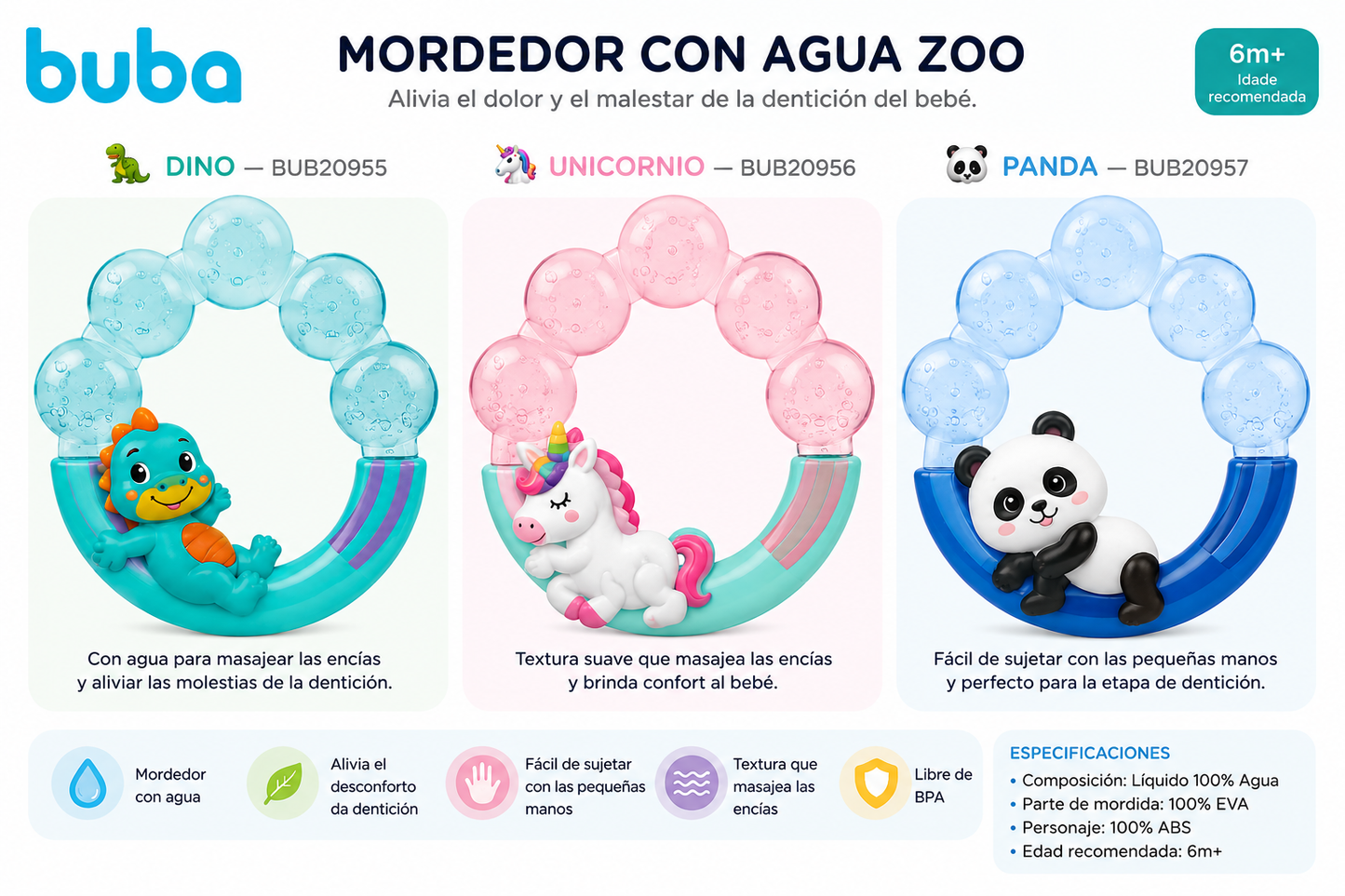 Buba Mordedor con Agua Zoo         🦖 Dino — BUB20955
🦄 Unicornio — BUB20956
🐼 Panda — BUB20957