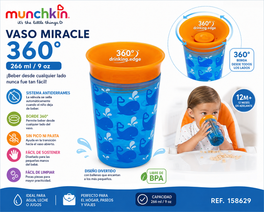 Munchkin Vaso Miracle 360° Deco Naranjado 266 ml – 12M+ | Ref. 158629 🐳💙🧡💚