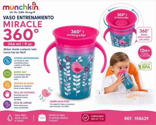 Munchkin Vaso de Entrenamiento Miracle 360° Rosa 266 ml – 12M+ | Ref. 158629 🩷💚
