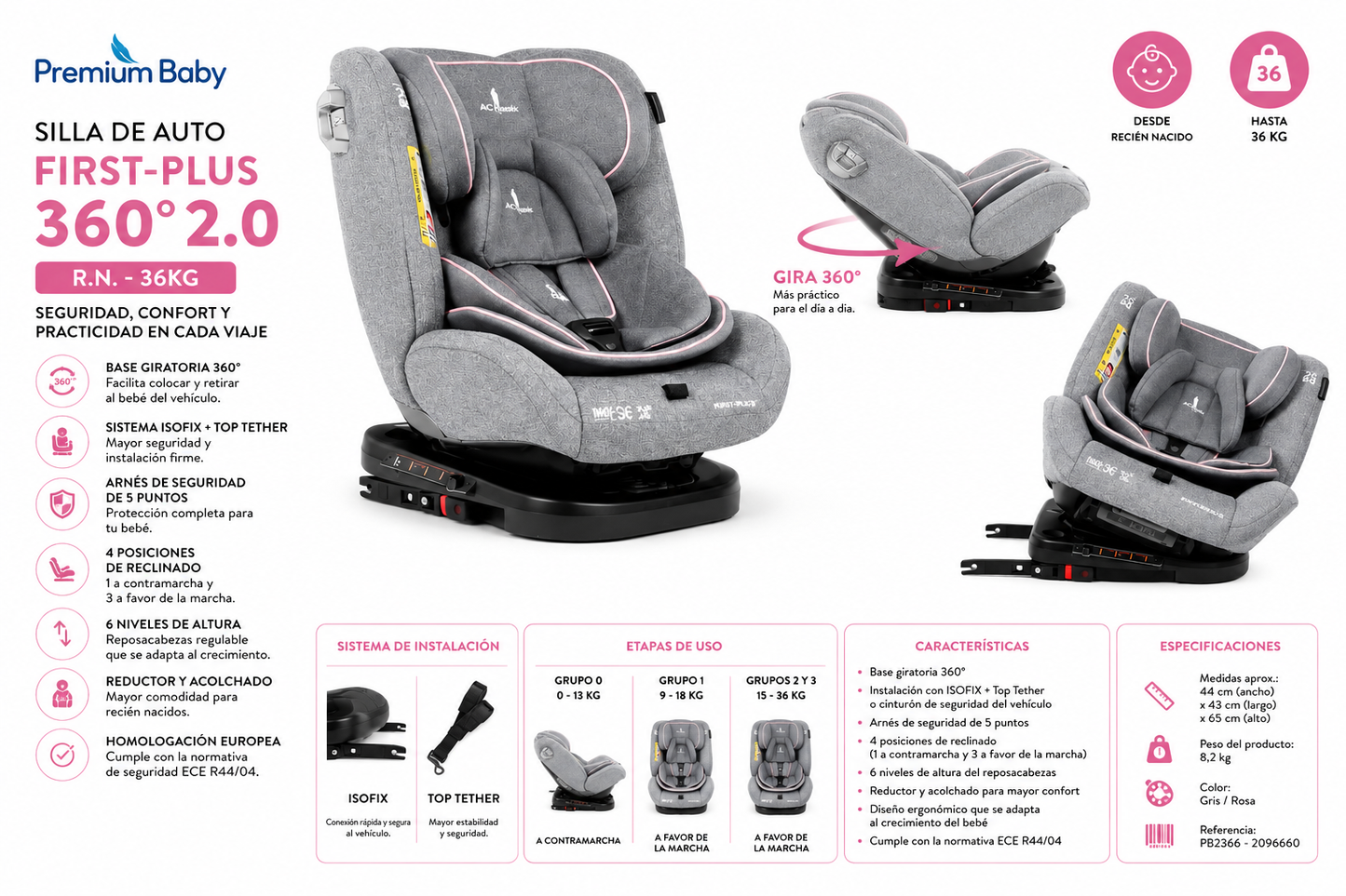 Premium Baby Silla de Auto First-Plus 360° 2.0 Gris/Rosa ISOFIX R.N.–36 kg – PB2366 / 2096660