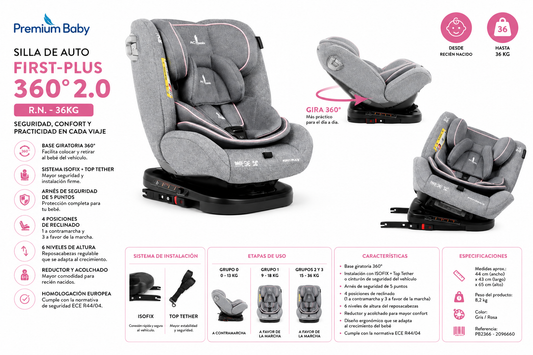 Premium Baby Silla de Auto First-Plus 360° 2.0 Gris/Rosa ISOFIX R.N.–36 kg – PB2366 / 2096660 🩷💚