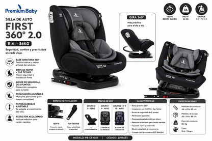 Premium Baby Silla de Auto First 360° 2.0 ISOFIX & Top Tether Gris/Negro R.N.–36 kg – PB-CFX501 / 2096653 💛