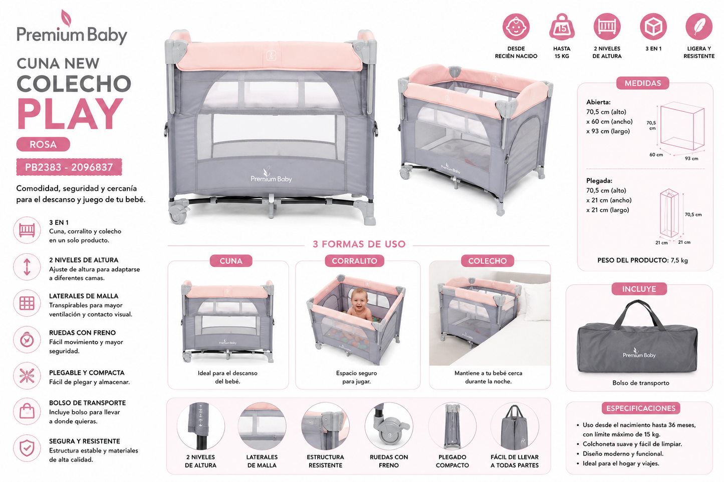 Premium Baby Cuna New Colecho Play Rosa R.N.–15 kg – PB2383 / 2096837