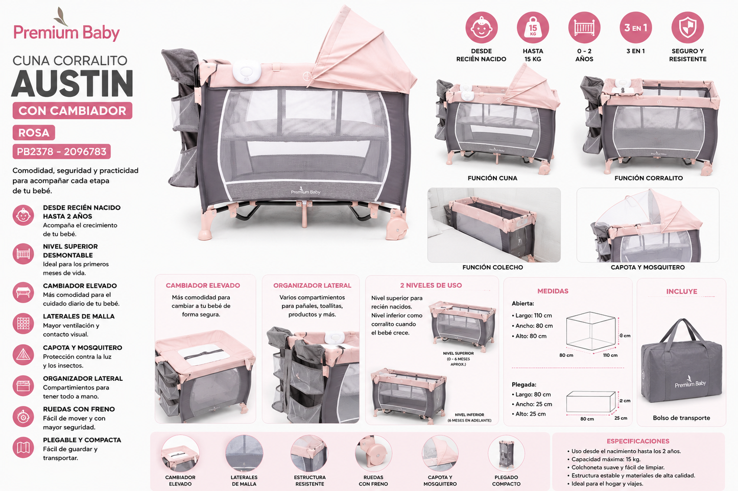Premium Baby Cuna Corralito Austin con Cambiador Rosa R.N.–2 Años – PB2378 / 2096783 💛