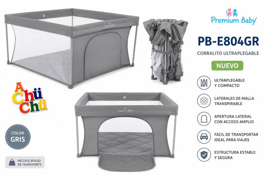 Premium Baby Cuna Corralito Ultraplegable Gris 125x125cm – PB-E804GR / 74531 💛