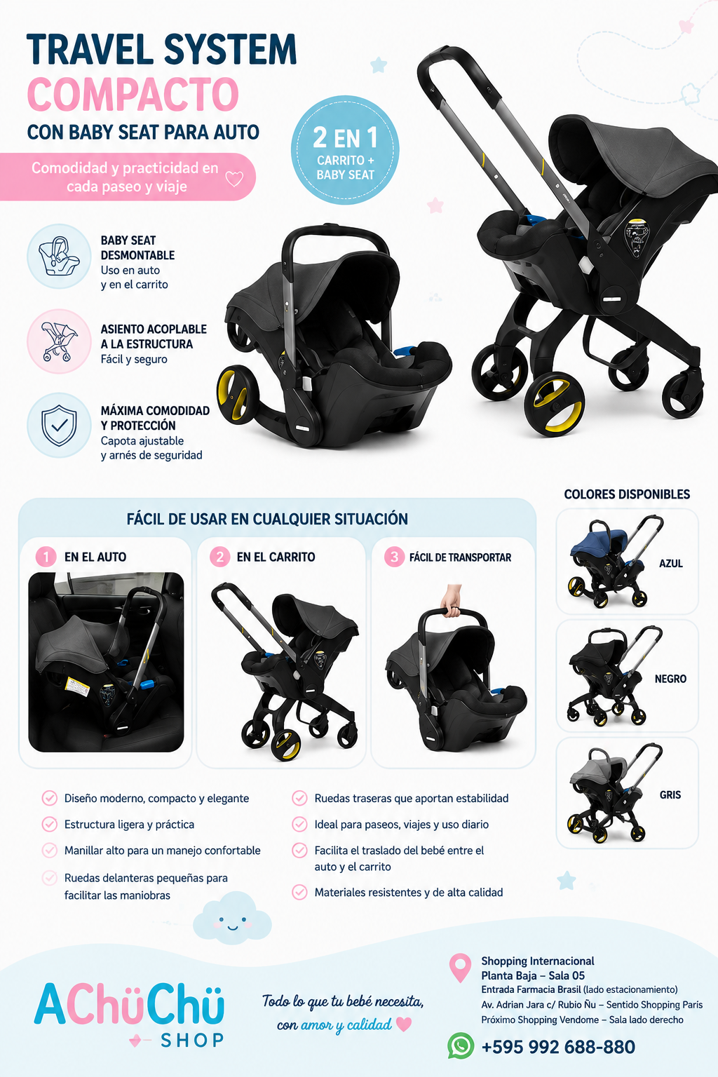 Doona Carrito Travel System Compacto con Baby Seat para Auto – Recién Nacido 🖤