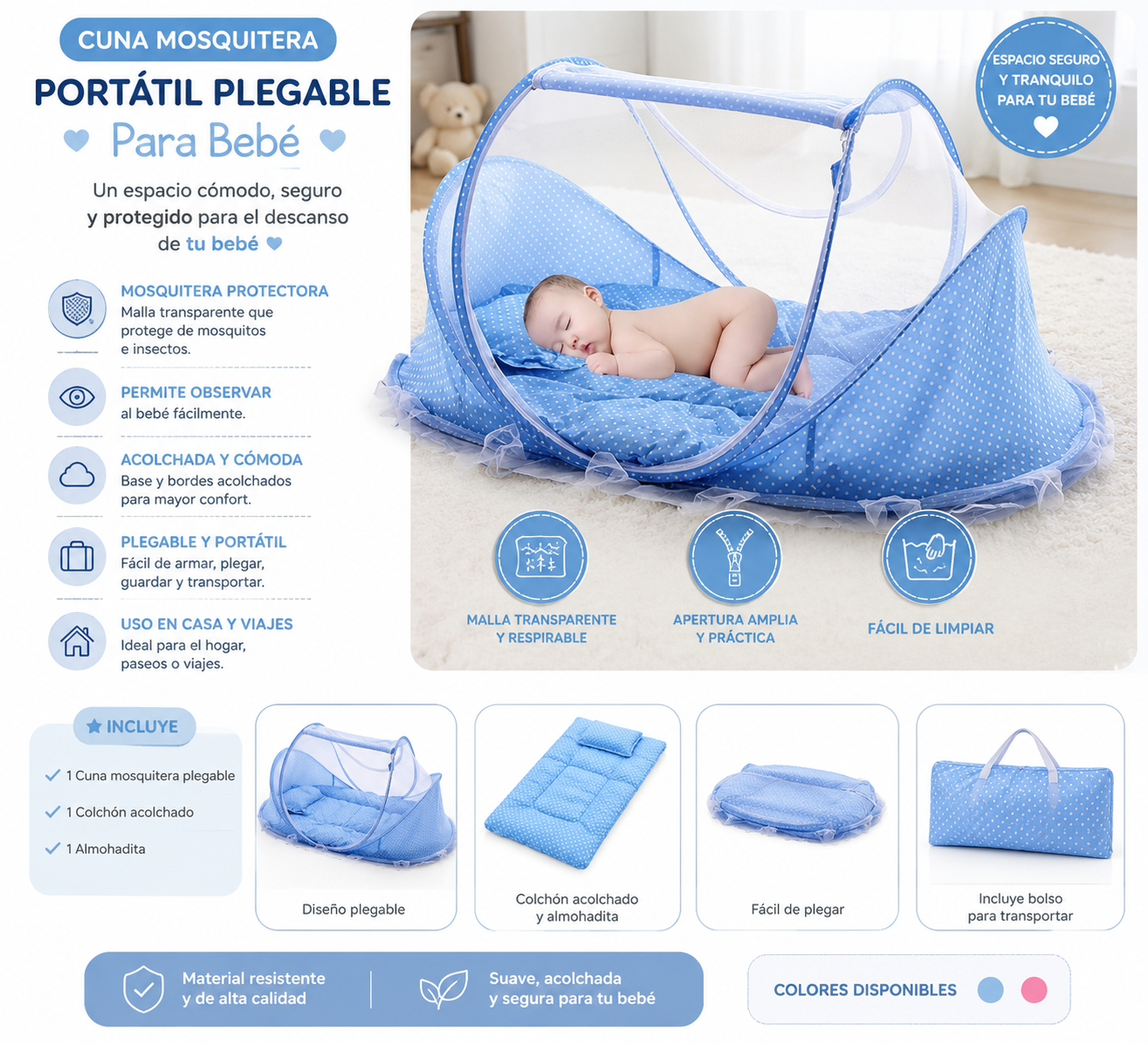 Baby Happy Cuna Mosquitera Portátil Plegable para Bebé con Colchón y Almohada Azul 🩵