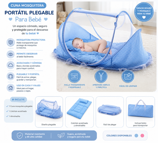 Baby Happy Cuna Mosquitera Portátil Plegable para Bebé con Colchón y Almohada Azul BC9722 🩵