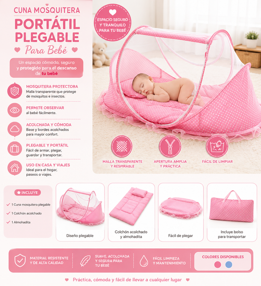 Baby Happy Cuna Mosquitera Portátil Plegable para Bebé con Colchón y Almohada Rosa BC9722 🩷