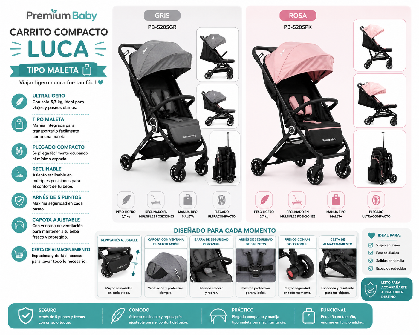 New ✨Premium Baby Carrito Compacto Luca Tipo Maleta – 5,7 kg
🩶 Gris – PB-S205GR
🩷 Rosa – PB-S205PK