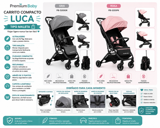 New ✨Premium Baby Carrito Compacto Luca Tipo Maleta – 5,7 kg
🩶 Gris – PB-S205GR
🩷 Rosa – PB-S205PK 💛