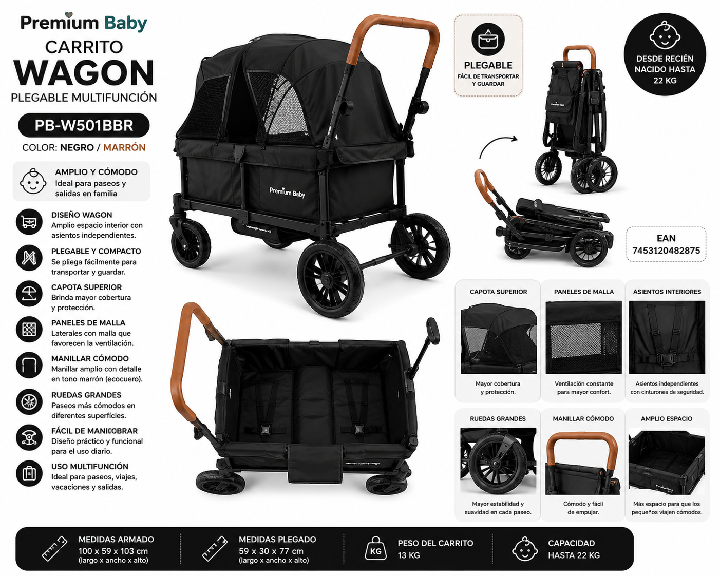 ✨ Premium Baby Carrito Wagon Plegable Multifunción Negro / Marrón – PB-W501BBR - 7453120482875
✨ ¡Más espacio, comodidad y practicidad para disfrutar cada paseo en familia! 👶🖤