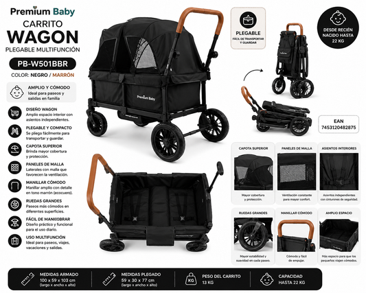 ✨ Premium Baby Carrito Wagon Plegable Multifunción Negro / Marrón – PB-W501BBR - 7453120482875
✨ ¡Más espacio, comodidad y practicidad para disfrutar cada paseo en familia! 👶🖤💛