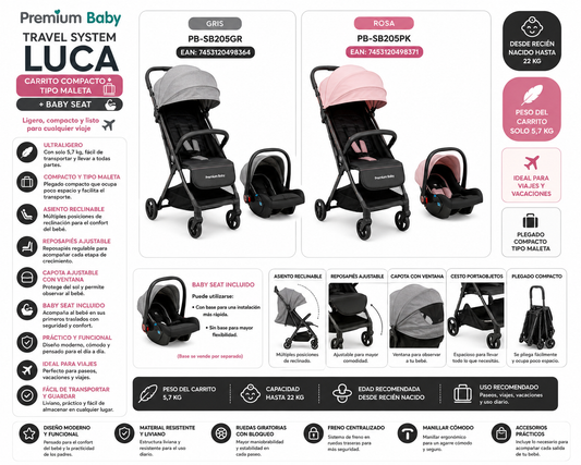 ✨ Premium Baby Carrito Travel System Luca Carrito Compacto Tipo Maleta + Baby Seat 
🩶 Gris — PB-SB205GR
🩷 Rosa — PB-SB205PK 💛