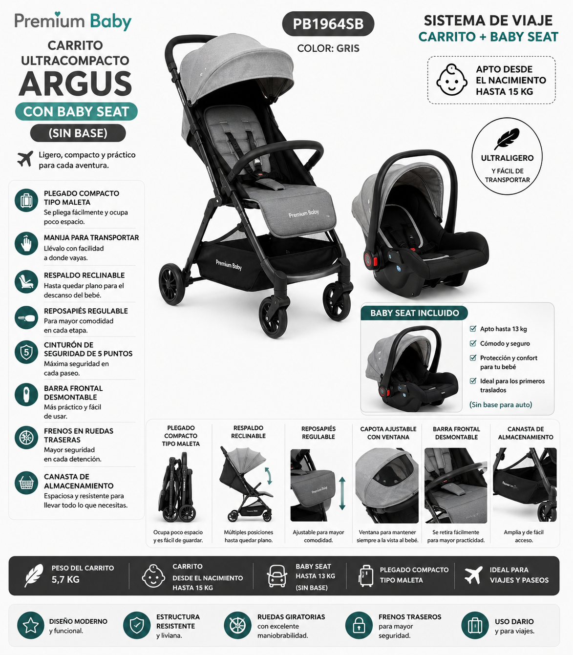 ✨ Premium Baby Carrito Ultracompacto Argus con Baby Seat (Sin Base) R.N. – 15 kg           PB1964SB - 7453120440837
Color: Gris 🩶
¡Carrito + Baby Seat para acompañar cada paseo y viaje con mayor practicidad!✨