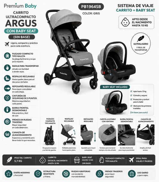 ✨ Premium Baby Carrito Ultracompacto Argus con Baby Seat (Sin Base) R.N. – 15 kg           PB1964SB - 7453120440837
Color: Gris 🩶
¡Carrito + Baby Seat para acompañar cada paseo y viaje con mayor practicidad! 💛