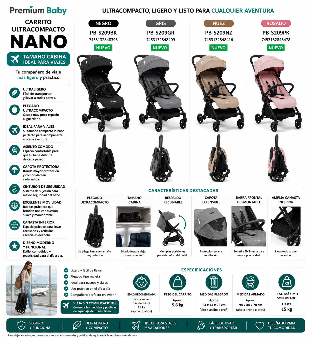 ✨ Premium Baby Carrito Ultracompacto Nano – Tamaño Cabina / Ideal para Viajes ✈️            
🖤 Negro — PB-S209BK
🩶 Gris — PB-S209GR
🤎 Nuez — PB-S209NZ
🩷 Rosado — PB-S209PK

✨ ¡Ultraligero, compacto y listo para acompañarte en cada aventura! ✨