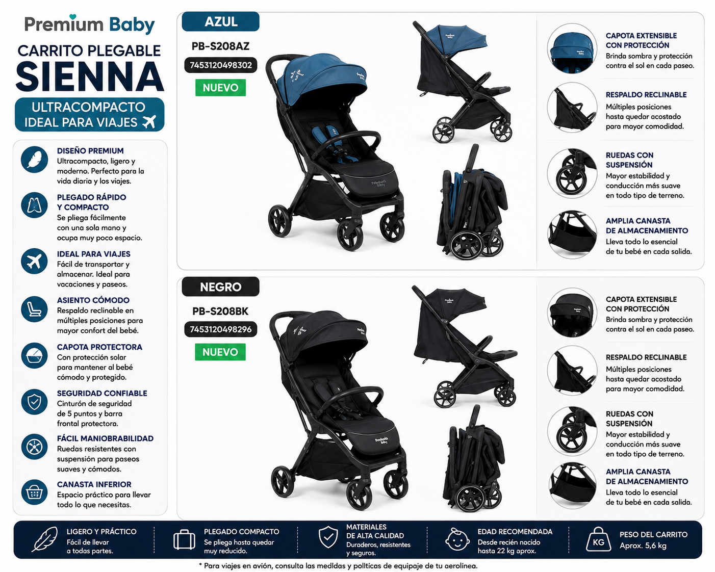 New ✨Premium Baby Carrito Plegable Sienna Ultracompacto – Ideal para Viajes ✈️

💙 Azul — PB-S208AZ
🖤 Negro — PB-S208BK

✨ ¡Diseño premium, ligero y compacto para acompañar cada paseo! ✨