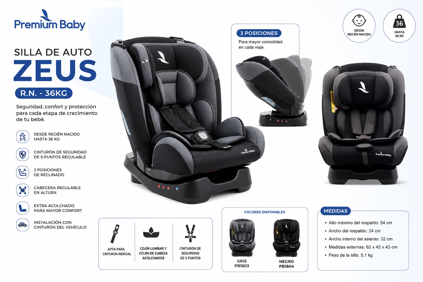 🖤✨ Premium Baby Silla de Auto Zeus Negro Grupo 0+/1/2/3 – R.N. hasta 36 kg – PB1803 / 7453043001566 🚗

✨ ¡Seguridad, comodidad y protección para acompañar el crecimiento de tu pequeño! ✨