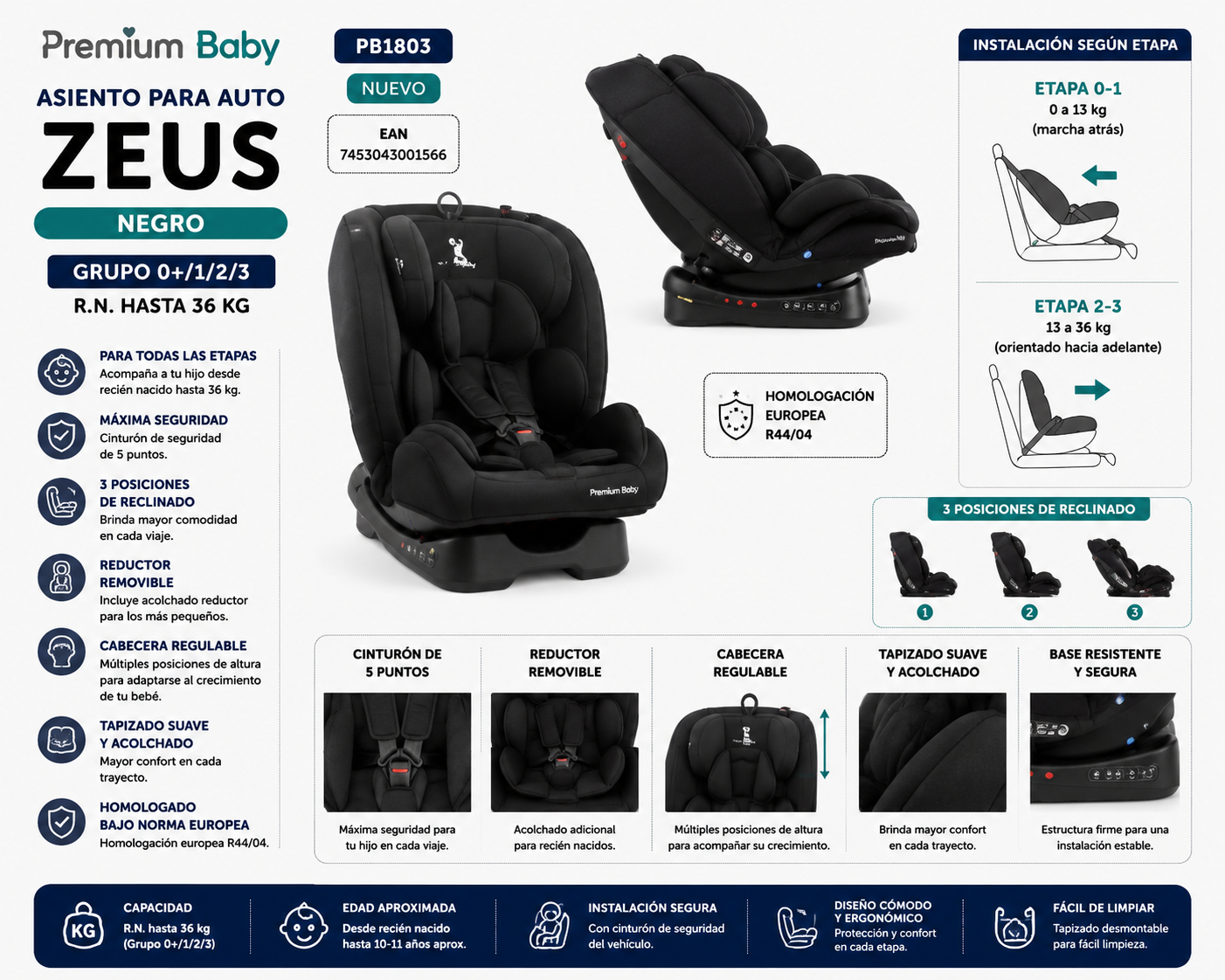 🖤✨ Premium Baby Silla de Auto Zeus Negro Grupo 0+/1/2/3 – R.N. hasta 36 kg – PB1803 / 7453043001566 🚗

✨ ¡Seguridad, comodidad y protección para acompañar el crecimiento de tu pequeño! ✨