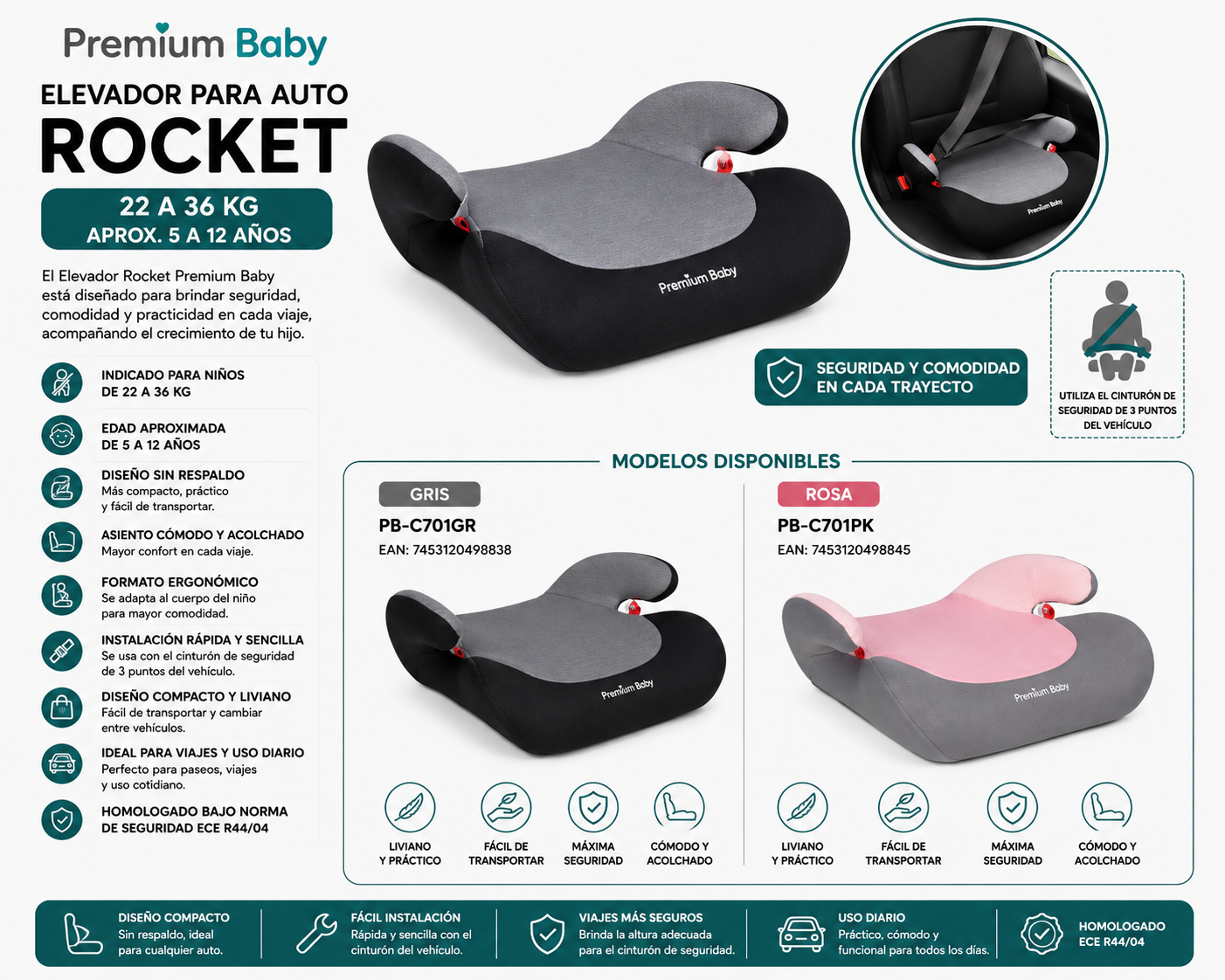 ✨ Premium Baby Silla de Auto Elevador Rocket para Auto            22 a 36 kg                                             🩶🖤 Gris — PB-C701GR              🩷🩶 Rosa — PB-C701PK