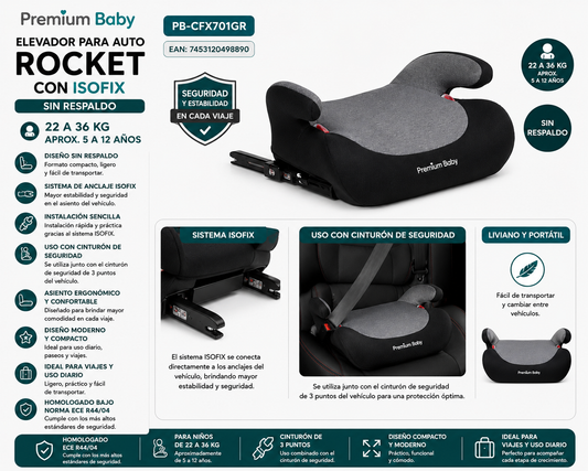 ✨ Premium Baby Silla de Auto Elevador Rocket con ISOFIX sin Respaldo – 22 a 36 kg                 🖤 PB-CFX701GR 💛