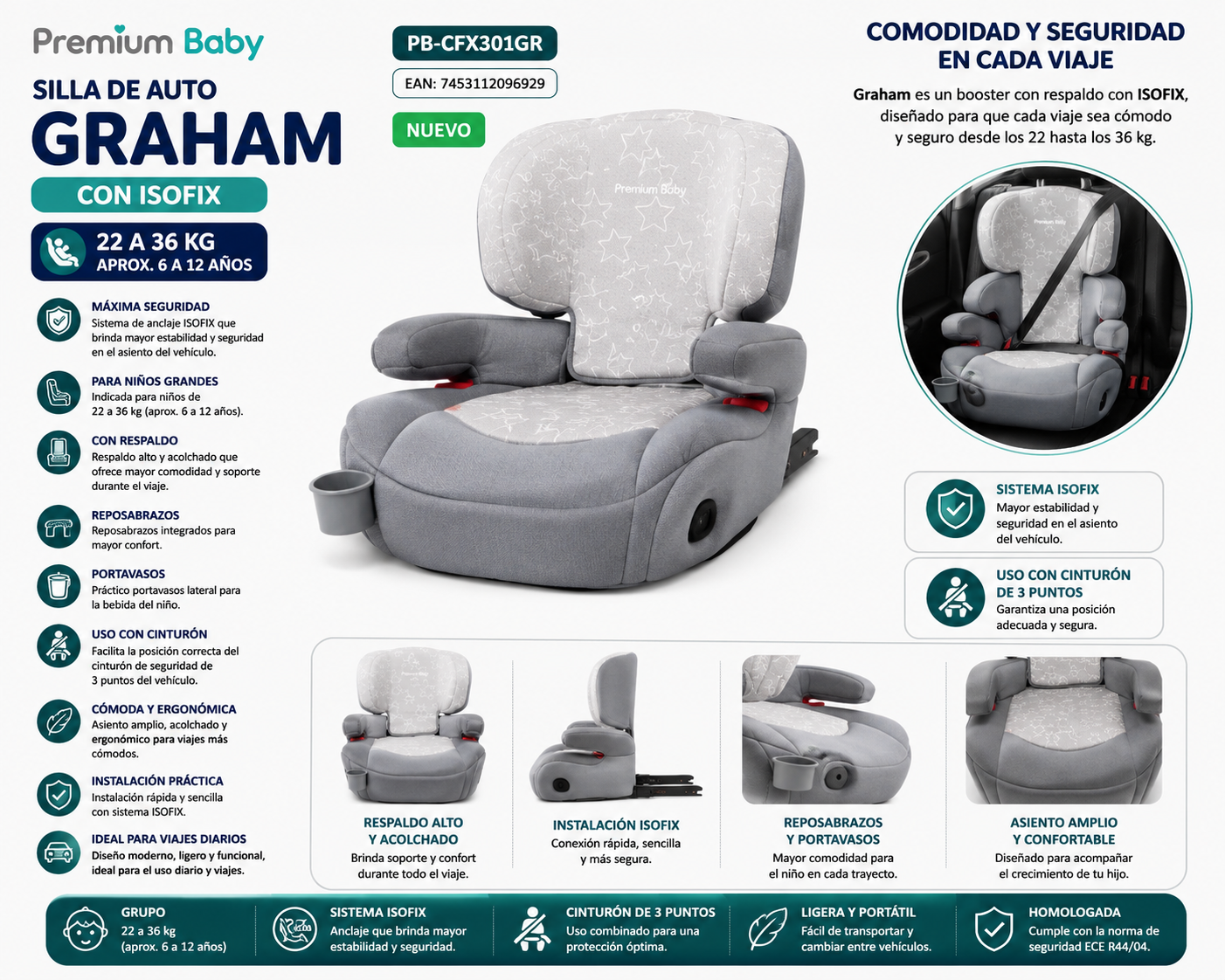 New ✨Premium Baby Silla de Auto Graham con ISOFIX – 22 a 36 kg     🩶 Color: Gris
📌 PB-CFX301GR