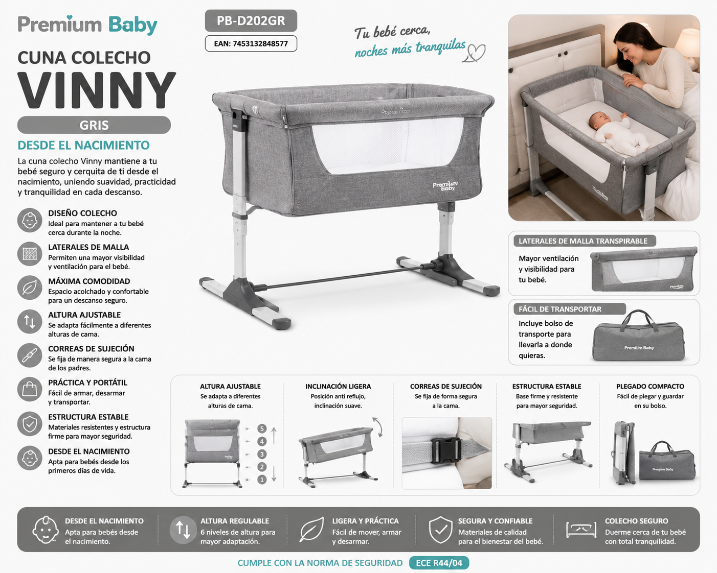Premium Baby Cuna Colecho Vinny Gris para Bebé – PB-D202GR / 7453132848577 🤍