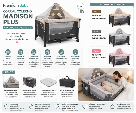 New ✨Premium Baby Cuna Corral Colecho Madison Plus con Capota                                       🤎 Nuez — PB-D107NZ                🩶 Gris — PB-D107GR                  🩷 Rosa — PB-D107PK 💛